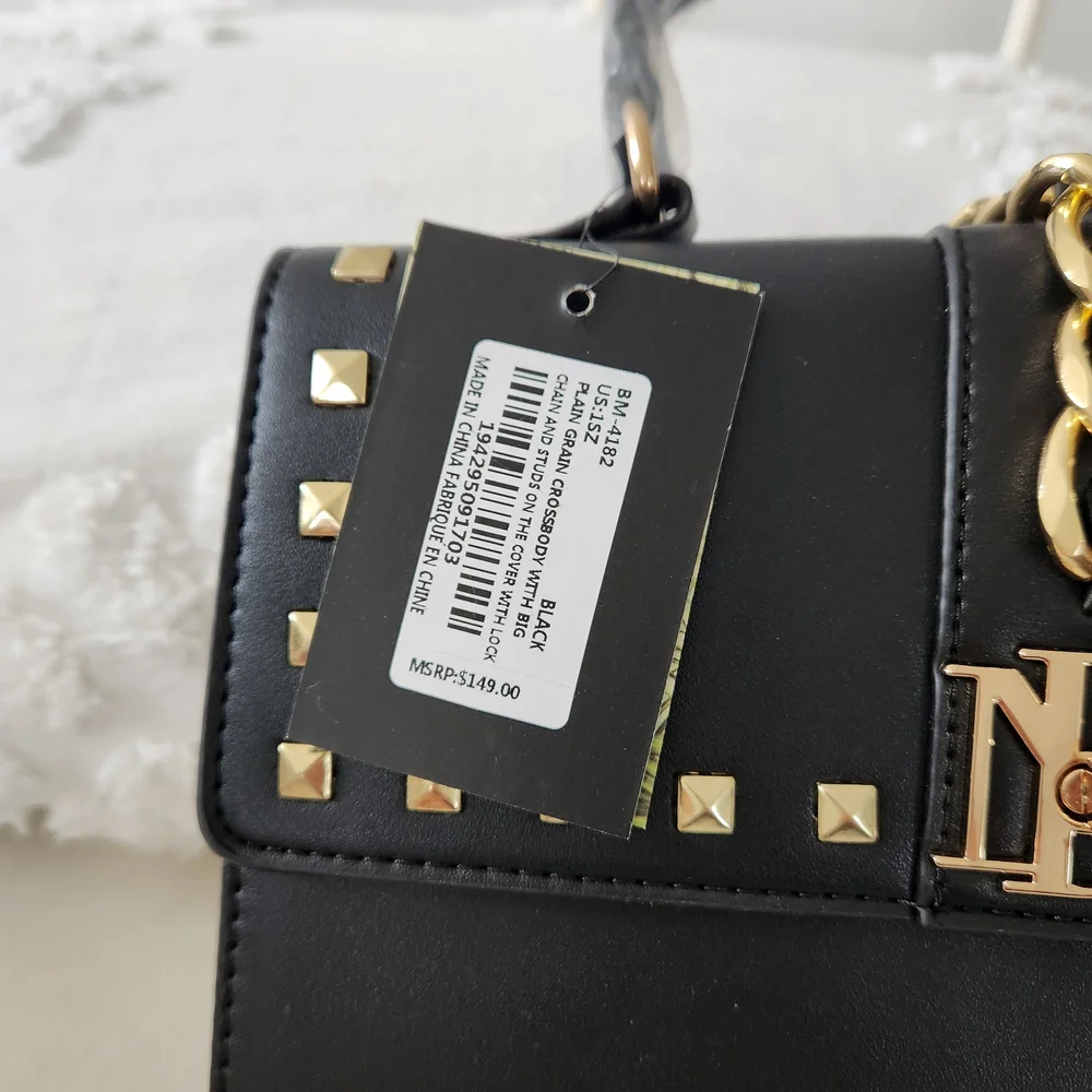 Badgley Mischka Black Vegan Leather Top-Handle Satchel With Crossbody Strap.